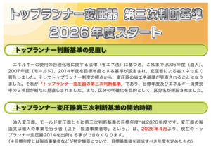 Read more about the article トップランナー変圧器 第三次判断基準 2026年度スタート